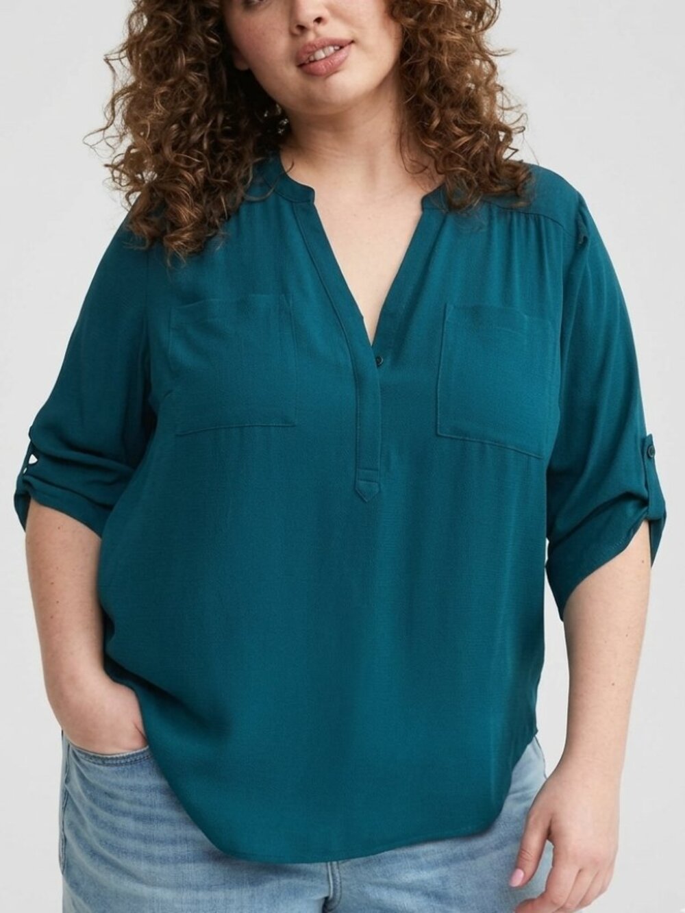TORRID 00 Plus Size Harper Georgette Pullover 3/4 Sleeve Blouse Teal Blue Work